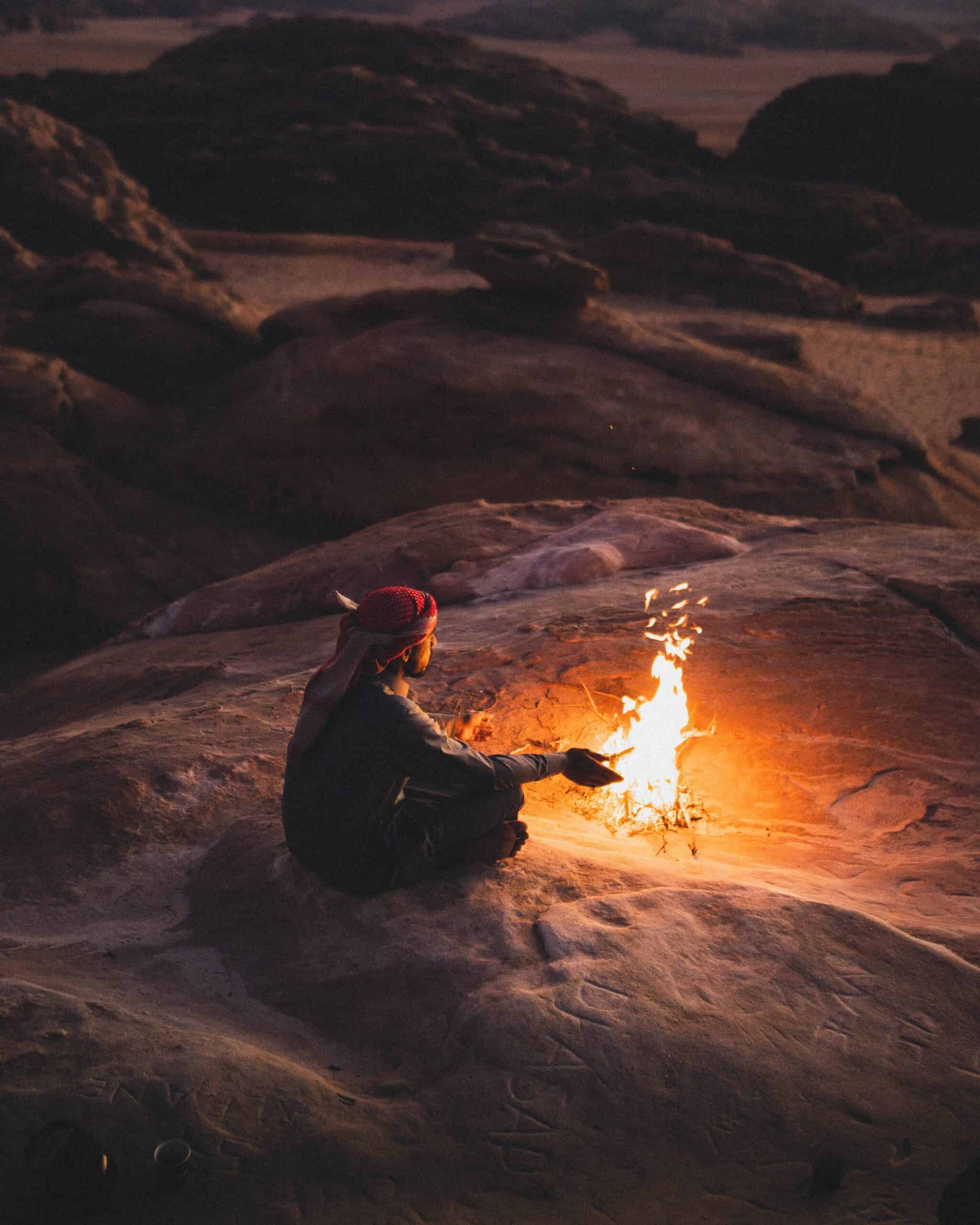 arab man in desert, campfire, mindfulness in islam